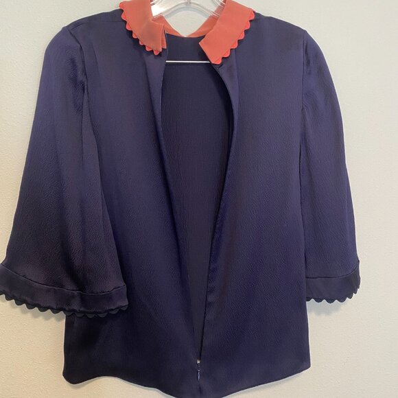 ROKSANDA Navy Searsucker Silk Peter Pan Collar Blouse Size 8 - Picture 5 of 12